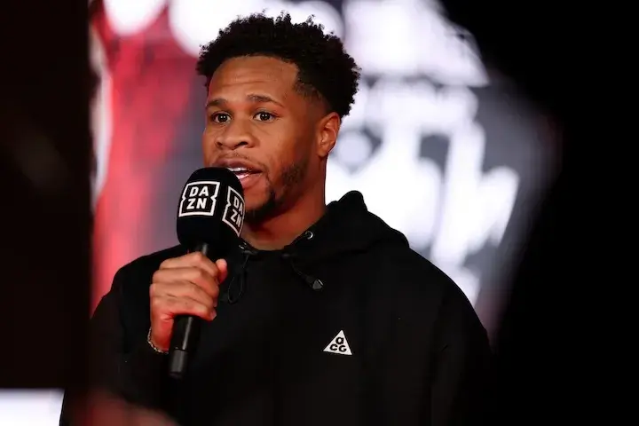 Devin Haney at the weigh-in for Teofimo Lopez-Shakur Stevenson on January 30, 2026.